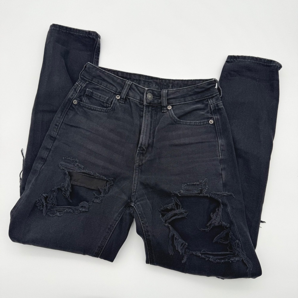 American Eagle Mom Jeans Womens 00 Black Distressed High Rise